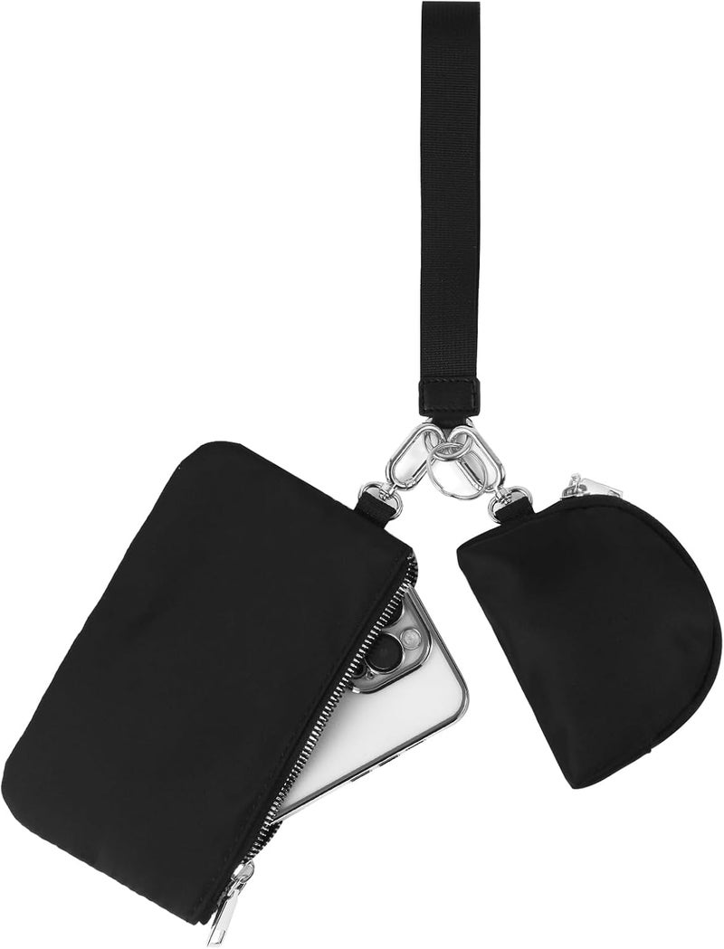EKOLE Store Mini Zip Around Wristlet Keychain Wallet for Women Detachable Dual Pouch Wristlet Portable Phone Coin Purse Coin Pocket (Black+Silver) - Image 1